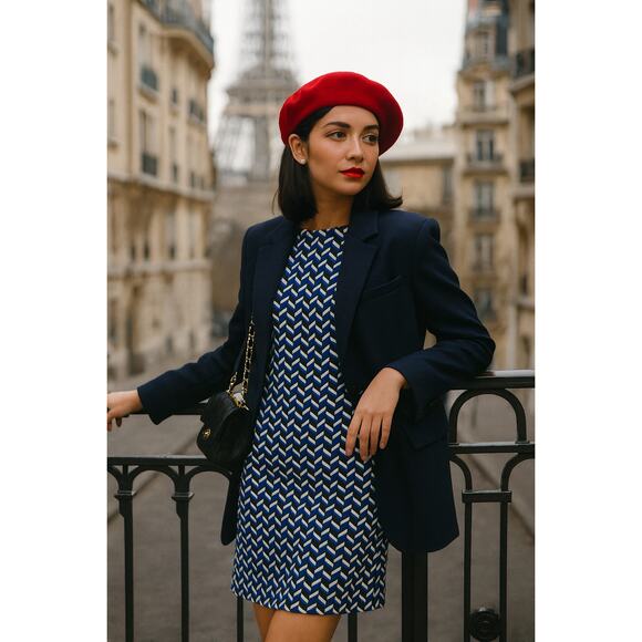 Zara Blue Geometric Plaid Shift Dress Size S Minimalist Retro Mod Print Chic - Picture 1 of 10